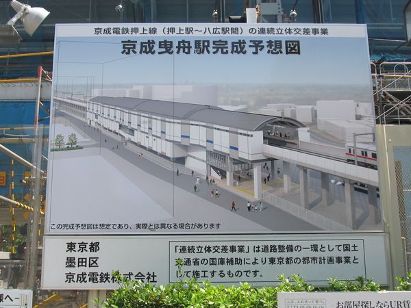 京成曳舟駅前に掲出されている高架化完成後の予想図